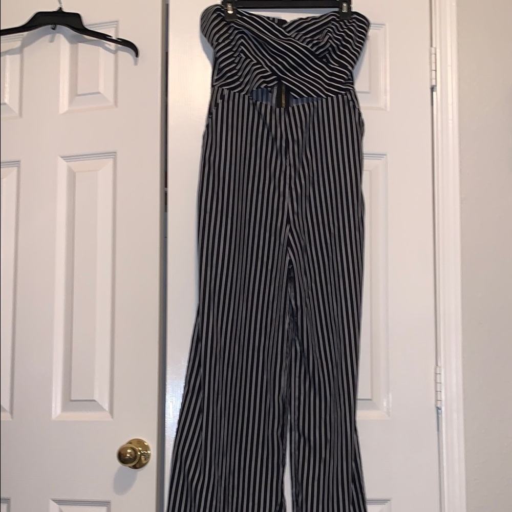 Black and White Striped Strapless Jumpsuit
